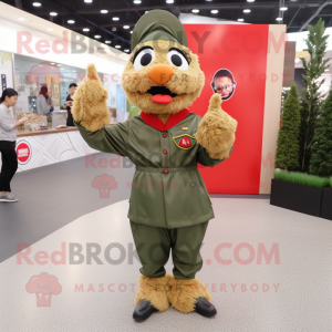 Olive Fried Chicken mascot costume character dressed with a Jumpsuit and Berets