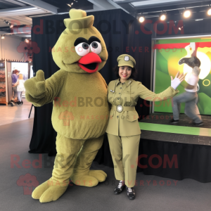 Olive Fried Chicken mascot costume character dressed with a Jumpsuit and Berets