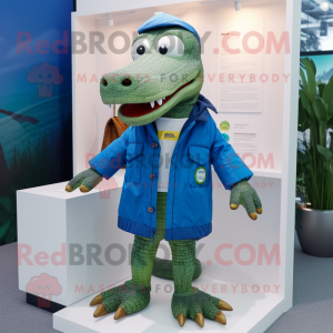 Blue Crocodile mascot costume character dressed with a Parka and Pocket squares