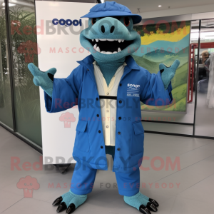 Blue Crocodile mascot costume character dressed with a Parka and Pocket squares
