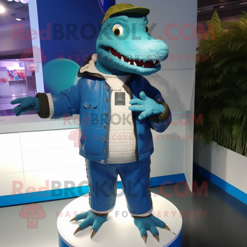 Blue Crocodile mascot costume character dressed with a Parka and Pocket squares