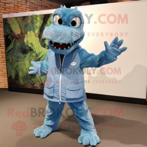 Blue Crocodile mascot costume character dressed with a Parka and Pocket squares