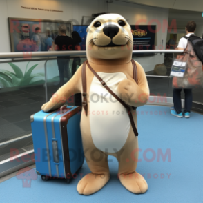 Cream Sea Lion mascot costume character dressed with a Tank Top and Briefcases