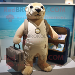 Cream Sea Lion mascot costume character dressed with a Tank Top and Briefcases