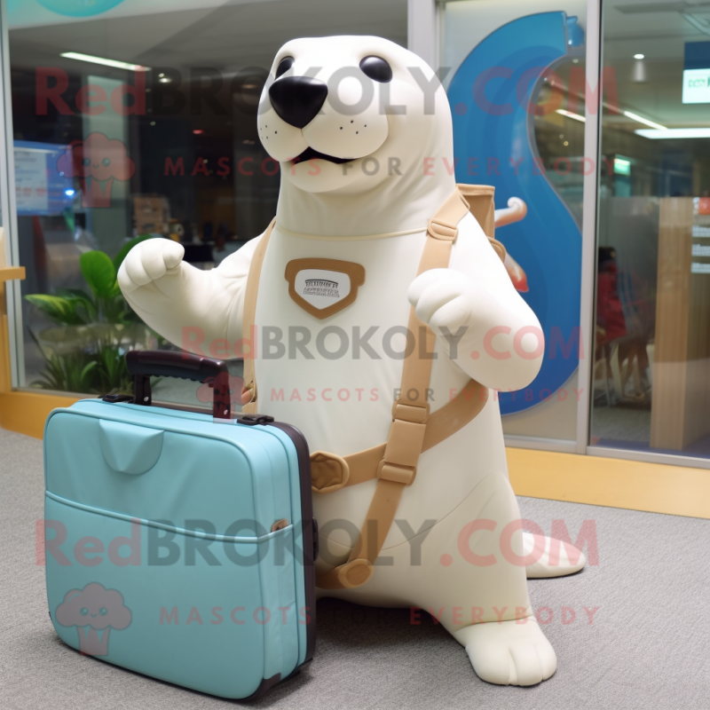 Cream Sea Lion mascot costume character dressed with a Tank Top and Briefcases