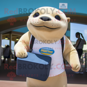 Cream Sea Lion mascot costume character dressed with a Tank Top and Briefcases