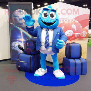 Blue Rugby Ball mascot costume character dressed with a Suit Jacket and Clutch bags