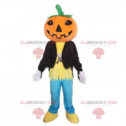 Mascotte zucca gigante e sorridente, costume di Halloween -