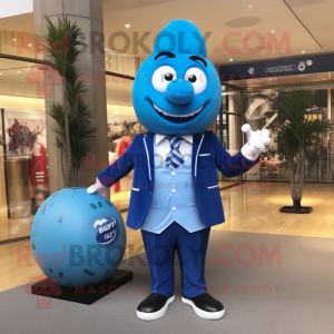 Blue Rugby Ball mascot costume character dressed with a Suit Jacket and Clutch bags