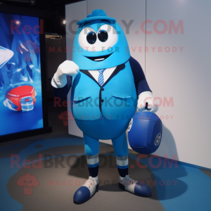 Blue Rugby Ball mascot costume character dressed with a Suit Jacket and Clutch bags