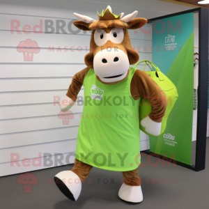 Lime Green Guernsey Cow mascot costume character dressed with a Board Shorts and Tote bags