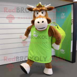Lime Green Guernsey Cow mascot costume character dressed with a Board Shorts and Tote bags