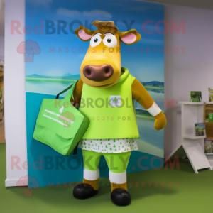 Lime Green Guernsey Cow mascot costume character dressed with a Board Shorts and Tote bags
