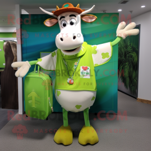 Lime Green Guernsey Cow mascot costume character dressed with a Board Shorts and Tote bags