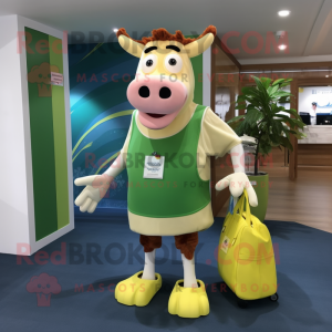 Lime Green Guernsey Cow mascot costume character dressed with a Board Shorts and Tote bags