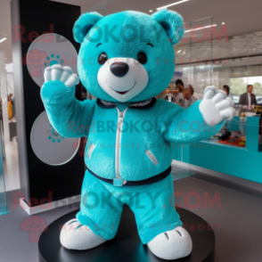 Turquoise Teddy Bear mascot costume character dressed with a Culottes and Bracelets