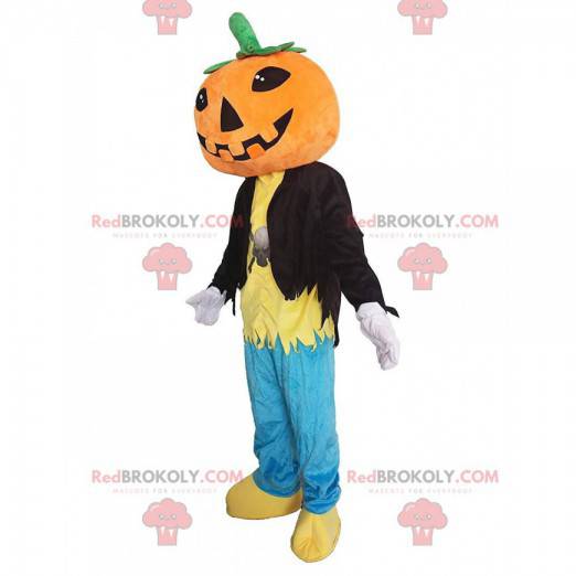 Mascotte zucca gigante e sorridente, costume di Halloween -