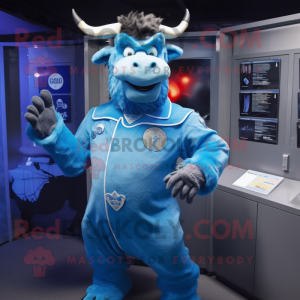 Blue Minotaur mascot costume character dressed with a Coat and Cufflinks