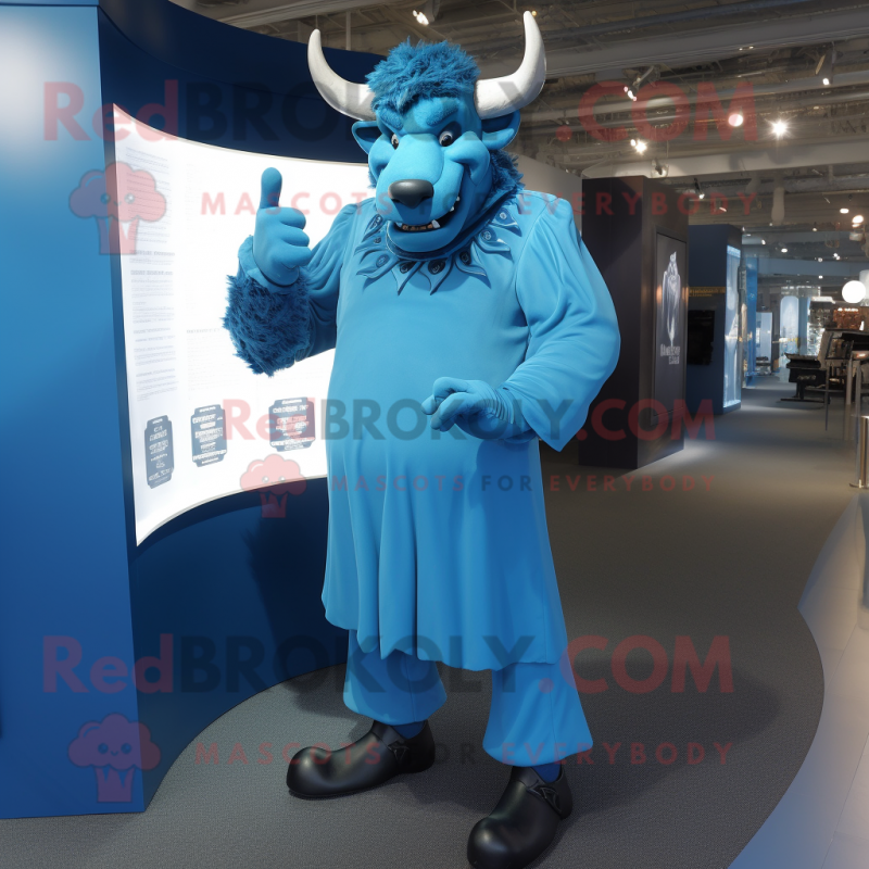 Blue Minotaur mascot costume character dressed with a Coat and Cufflinks