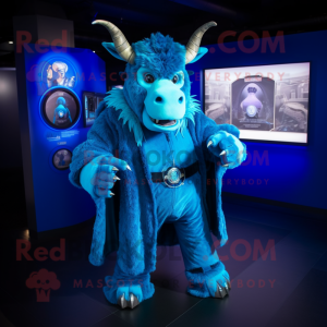 Blue Minotaur mascot costume character dressed with a Coat and Cufflinks