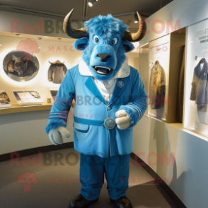 Blue Minotaur mascot costume character dressed with a Coat and Cufflinks