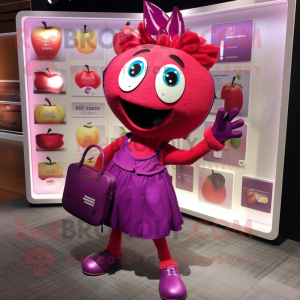 Magenta Apple mascot costume character dressed with a Skirt and Wallets