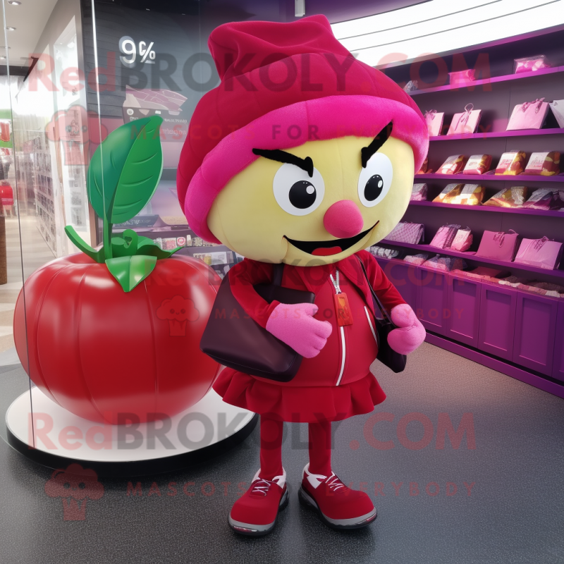 Magenta Apple mascot costume character dressed with a Skirt and Wallets