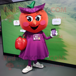 Magenta Apple mascot costume character dressed with a Skirt and Wallets