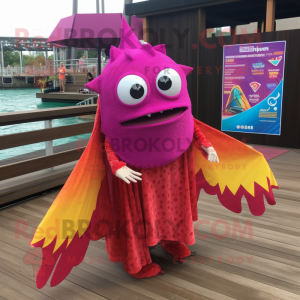 Magenta Fish Tacos mascot costume character dressed with a One-Piece Swimsuit and Shawl pins