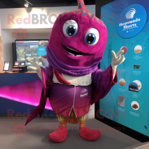 Magenta Fish Tacos mascot costume character dressed with a One-Piece Swimsuit and Shawl pins