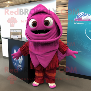 Magenta Fish Tacos mascot costume character dressed with a One-Piece Swimsuit and Shawl pins
