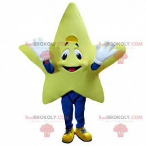 Mascotte d'étoile jaune géante et souriante, costume de star -