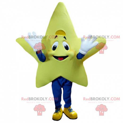 Mascotte stella gialla gigante e sorridente, costume da stella