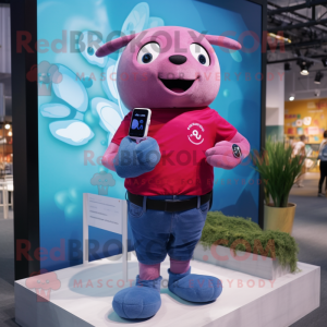 Magenta Seal mascot costume character dressed with a Denim Shirt and Smartwatches