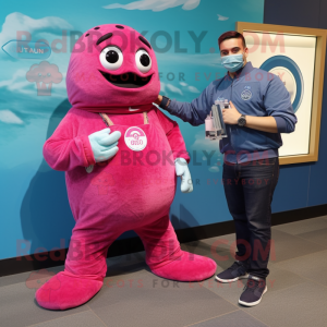 Magenta Seal mascot costume character dressed with a Denim Shirt and Smartwatches