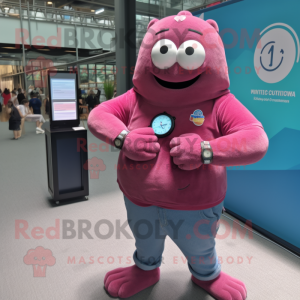 Magenta Seal mascot costume character dressed with a Denim Shirt and Smartwatches