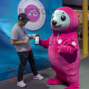 Magenta Seal mascot costume character dressed with a Denim Shirt and Smartwatches