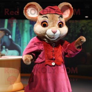 Maroon Dormouse mascot costume character dressed with a Midi Dress and Brooches
