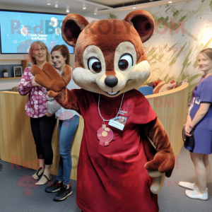 Maroon Dormouse mascot costume character dressed with a Midi Dress and Brooches