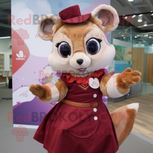 Maroon Dormouse mascot costume character dressed with a Midi Dress and Brooches