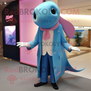 Pink Blue Whale mascot costume character dressed with a Suit Jacket and Rings