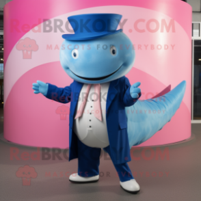 Pink Blue Whale mascot costume character dressed with a Suit Jacket and Rings