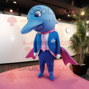 Pink Blue Whale mascot costume character dressed with a Suit Jacket and Rings