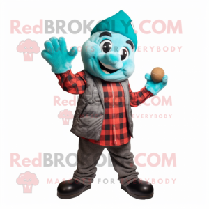 Turquoise Juggle mascot costume character dressed with a Flannel Shirt and Mittens