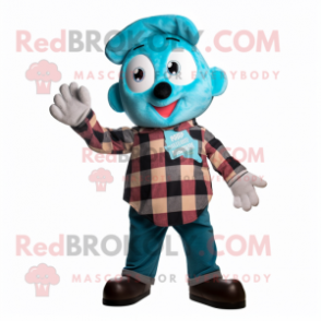 Turquoise Juggle mascot costume character dressed with a Flannel Shirt and Mittens