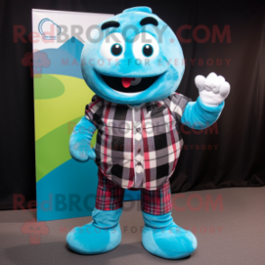 Turquoise Juggle mascot costume character dressed with a Flannel Shirt and Mittens