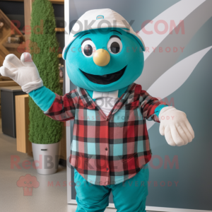 Turquoise Juggle mascot costume character dressed with a Flannel Shirt and Mittens