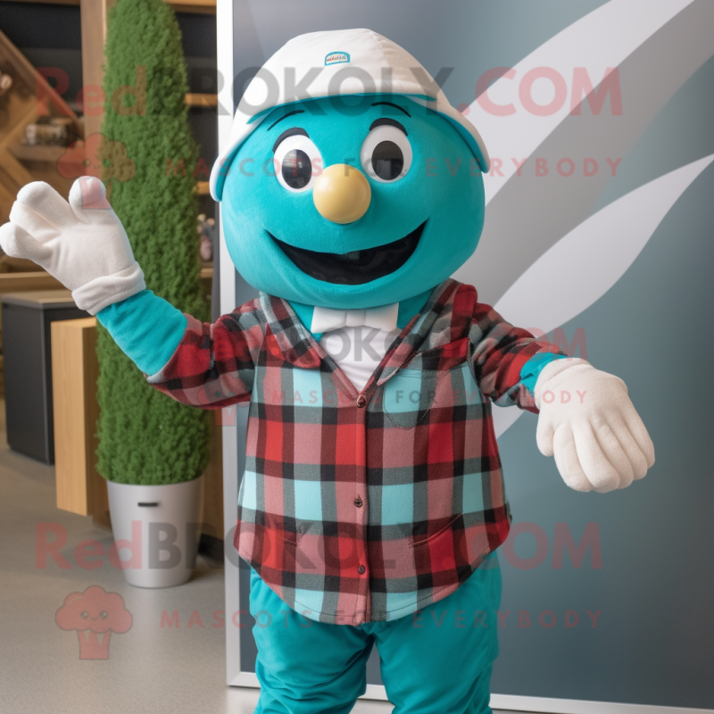 Turquoise Juggle mascot costume character dressed with a Flannel Shirt and Mittens Turquoise Juggle mascot costume character dressed with a Flannel Shirt and Mittens