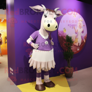 Purple Zebu mascot costume character dressed with a Mini Skirt and Messenger bags