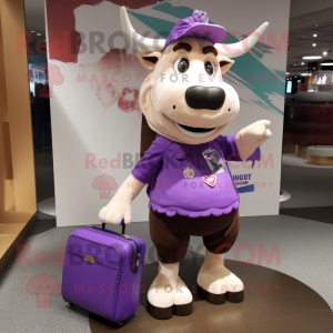 Purple Zebu mascot costume character dressed with a Mini Skirt and Messenger bags